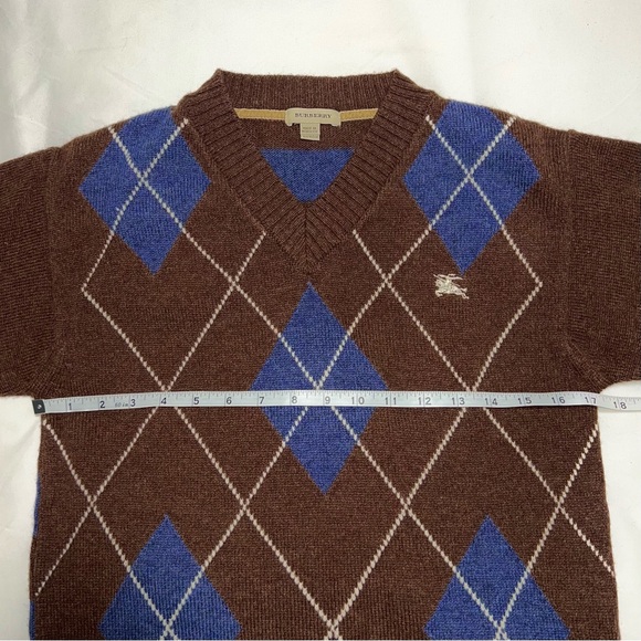 Burberry Youth Argyle V-Neck Sweater Cotton Brown Blue Diamond Striped Size 12Y - Picture 10 of 13